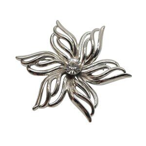 Vintage Silver Tone Floral Large Brooch With Rhinestone Center